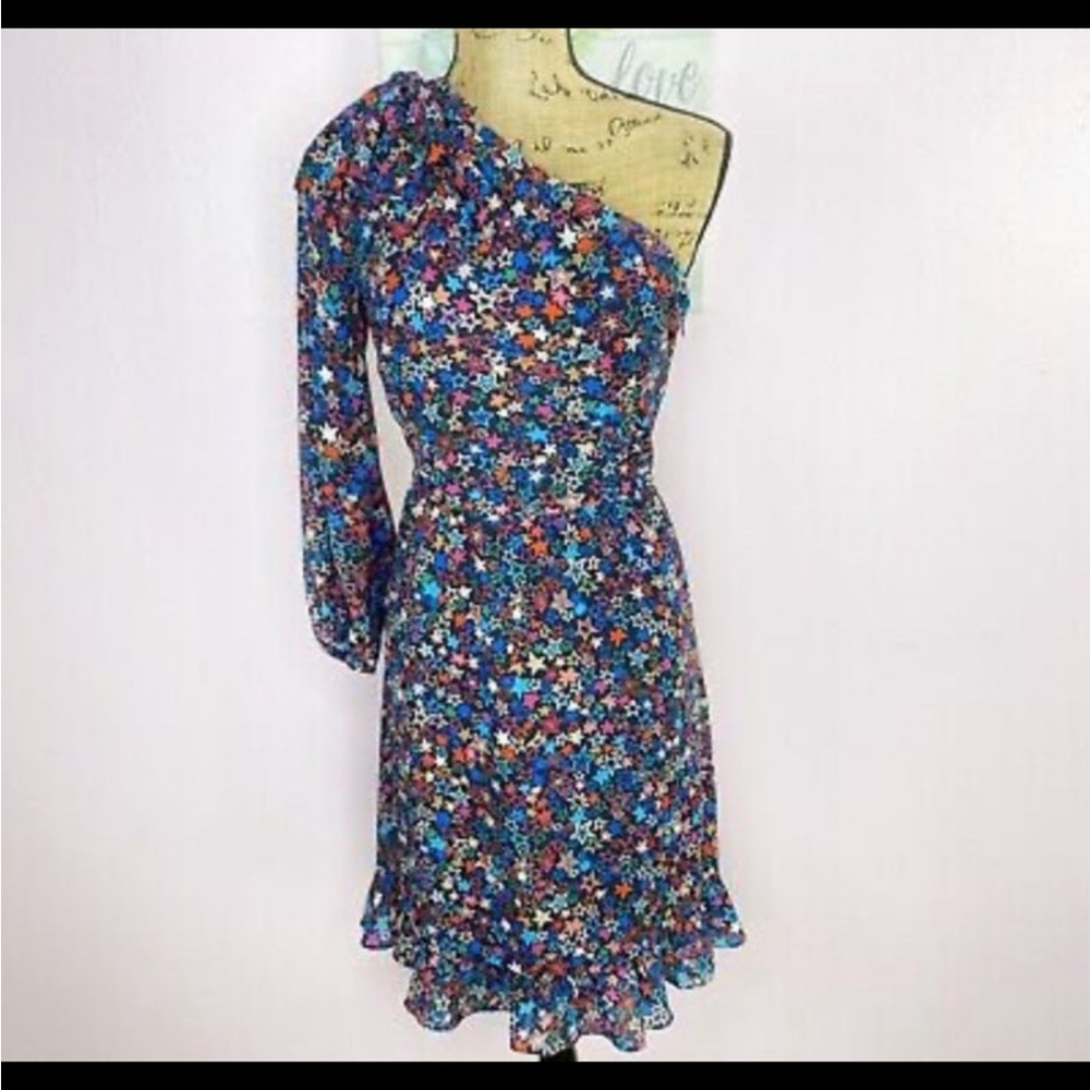 J. Crew Kaleidoscope Stars One Shoulder Dress Blue Multi Bow Ruffle - Picture 7 of 9